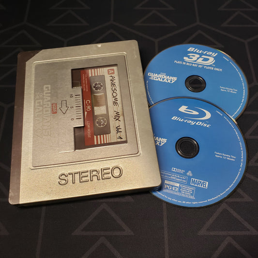 Image shows the steelbook case & two discs for Guardians of the Galaxy on Blu-Ray