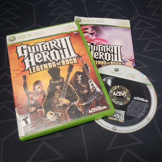 Image shows the case, manual and disc for the video game Guitar Hero III: Legends of Rock for Xbox 360