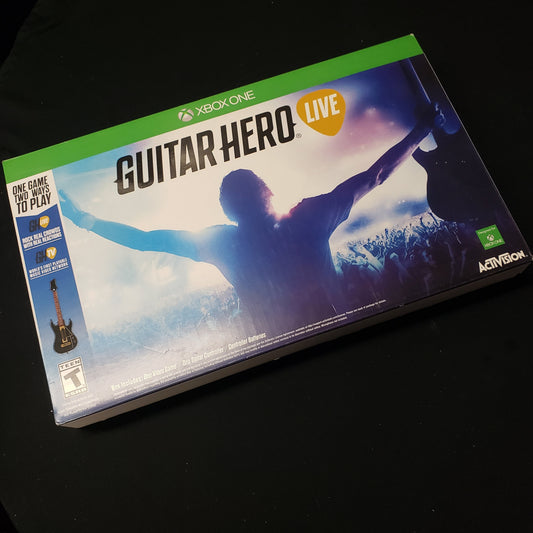 Image shows the front of the guitar bundle box for the video game Guitar Hero Live for Xbox One