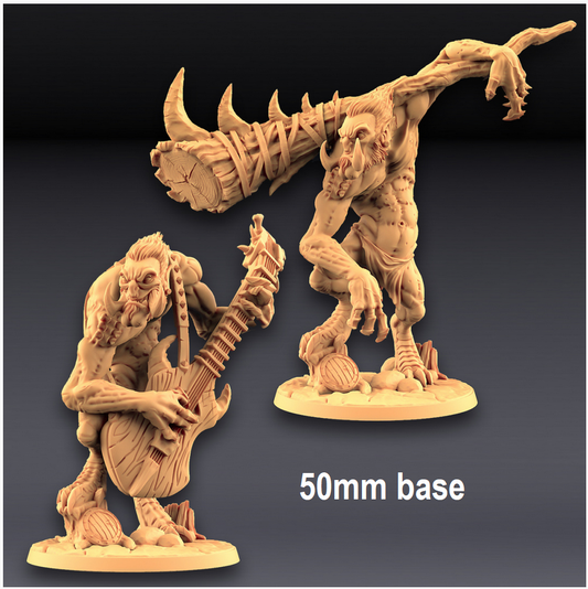 Image shows an 3D render for two different options for a troll gaming miniature, one with a guitar and one with a large spiked club