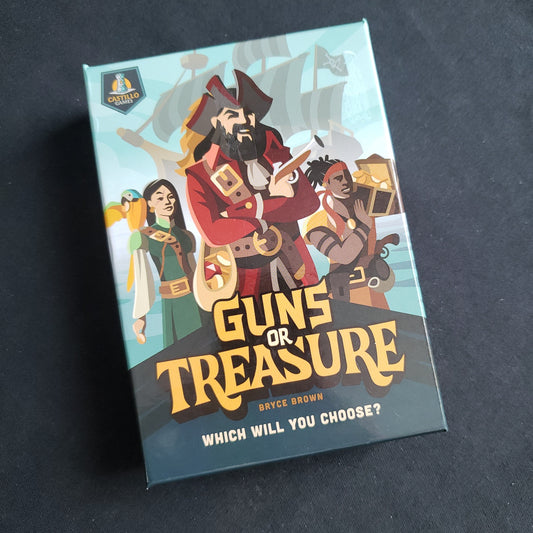 Image shows the front cover of the box of the Guns or Treasure card game