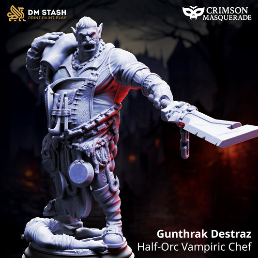 Image shows a 3D render of a half-orc vampire butcher gaming miniature.