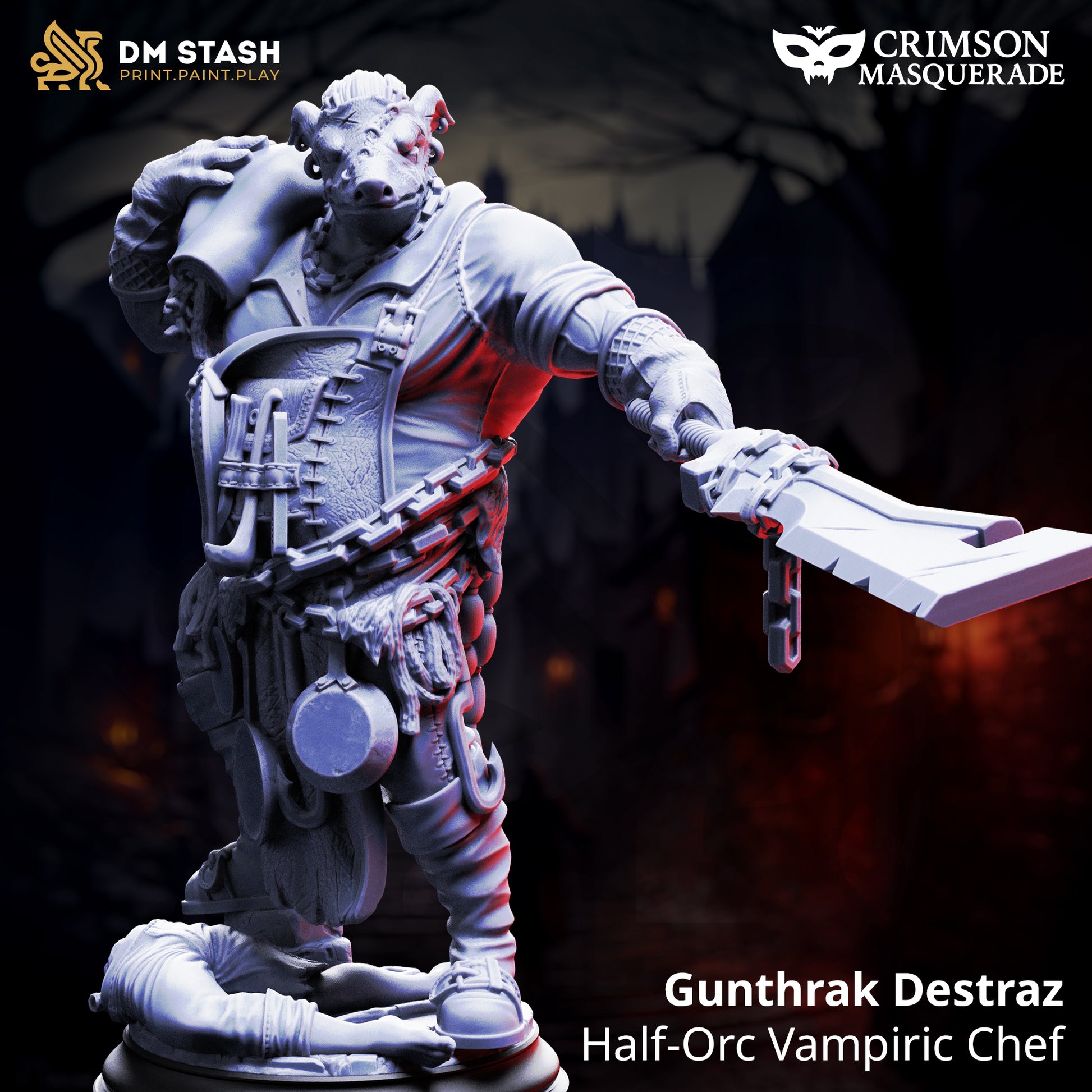 Image shows a 3D render of a masked half-orc vampire butcher gaming miniature.