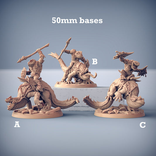 Image shows 3D renders for three different sculpt options of a salamander rider gaming miniature.