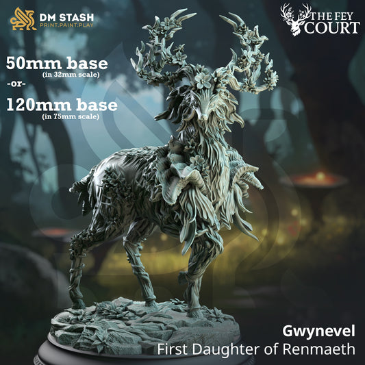 Image shows a 3D render of a fey deer gaming miniature.