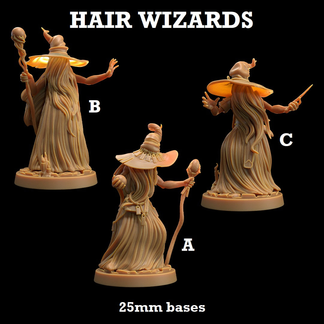 Image shows 3D renders for three different sculpt options for a wizard made of hair gaming miniature