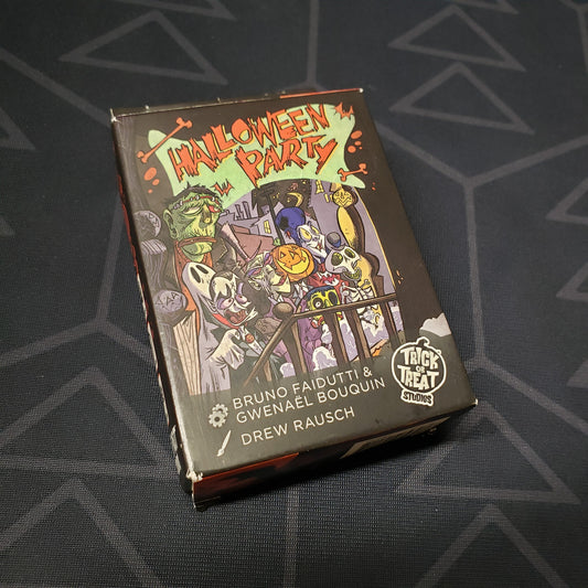 Image shows the front cover of the box for the Halloween Party card game