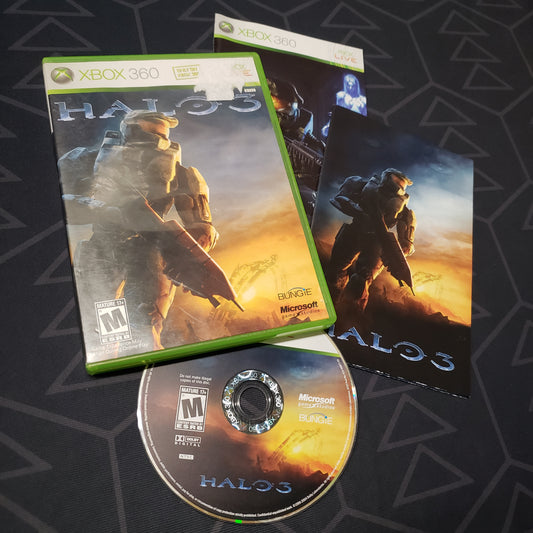 Image shows the case, manual, poster and disc for the video game Halo 3 for Xbox 360