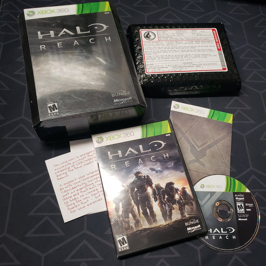Image shows the outer box, extras bag, case, manual and disc for the Limited Edition of the video game Halo Reach for Xbox 360