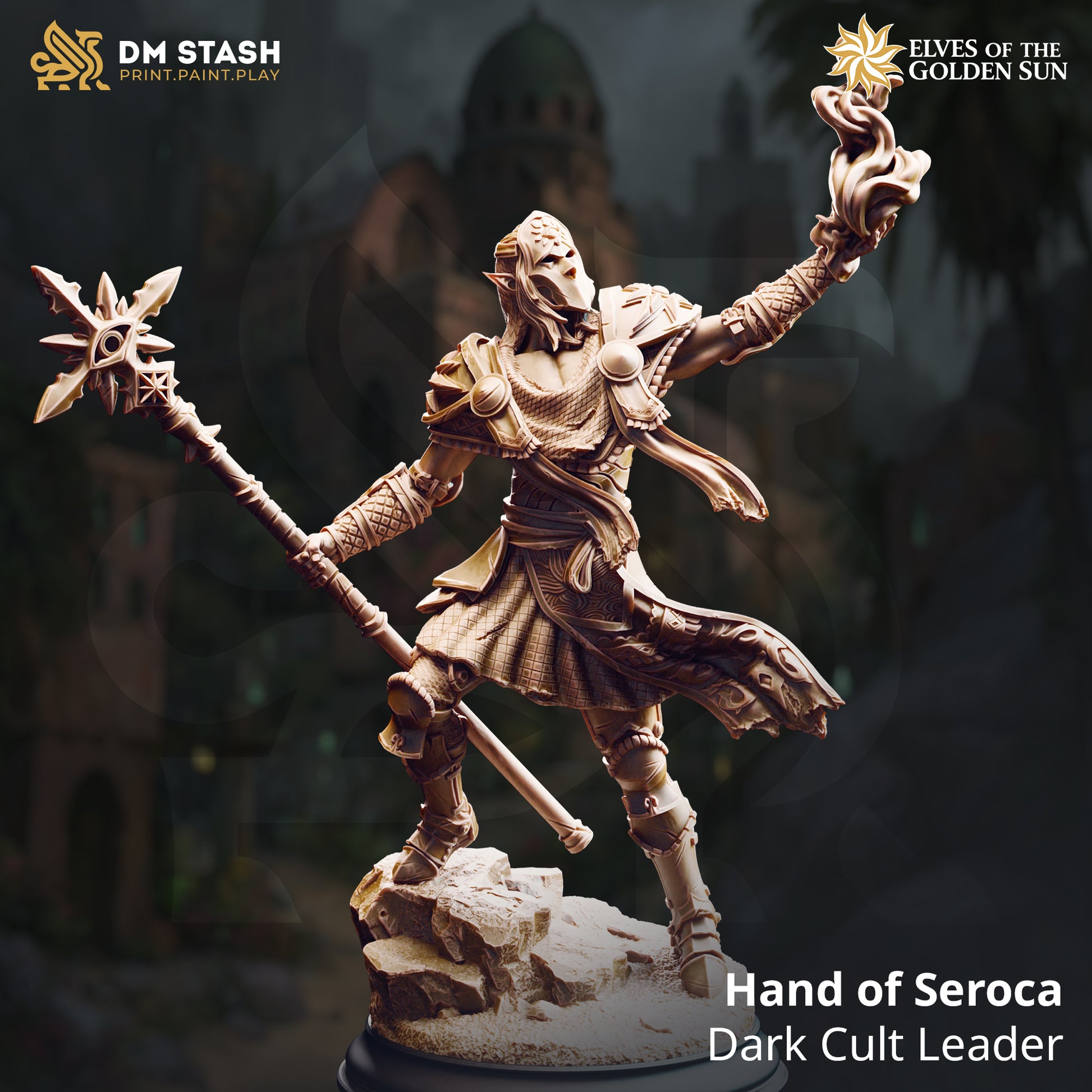 Image shows a 3D render of a elf sorcerer gaming miniature.