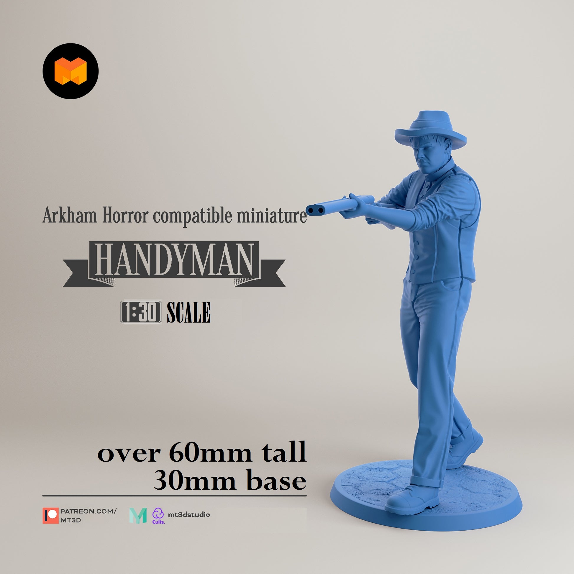 Image shows a 3D render of a farmer gaming miniature holding a shotgun