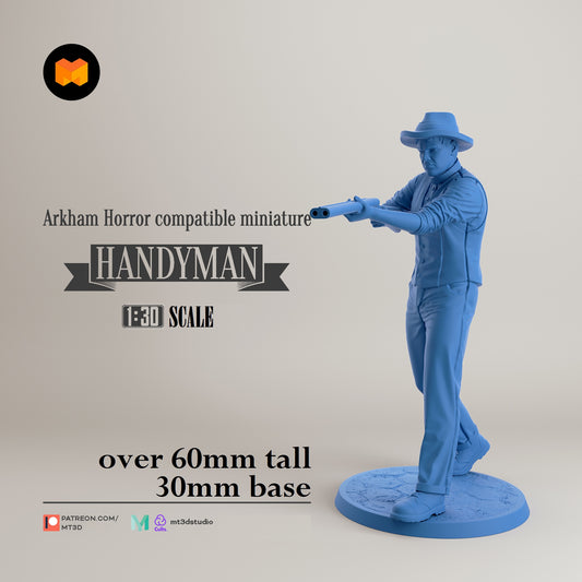 Image shows a 3D render of a farmer gaming miniature holding a shotgun