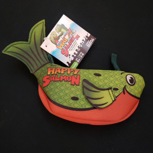 Image shows the front of the fish-shaped package of the Happy Salmon card game