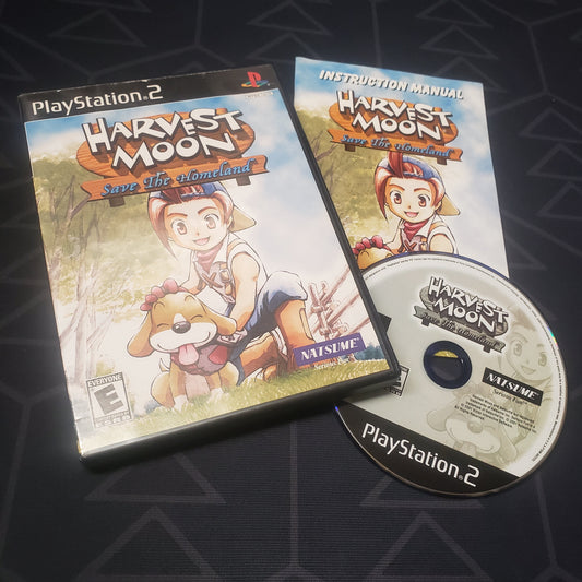 Image shows the case, manual and disc for the video game Harvest Moon: Save the Homeland for Playstation 2