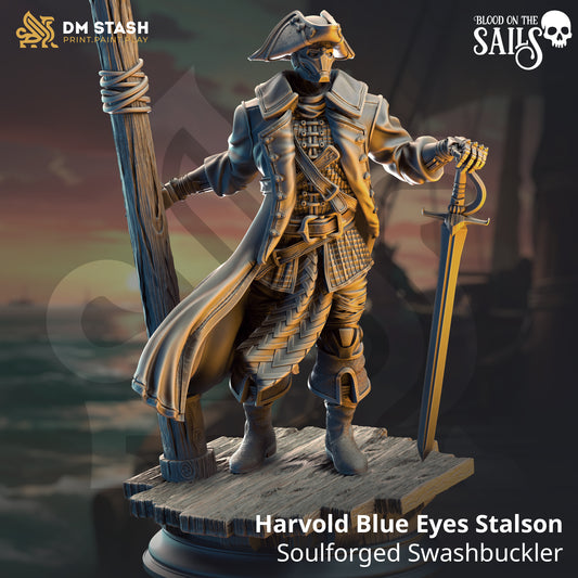 Image shows a 3D render of a warforged pirate gaming miniature.