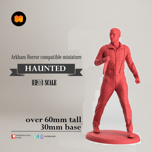 Image shows a 3D render of a gaming miniature of a man with a knife