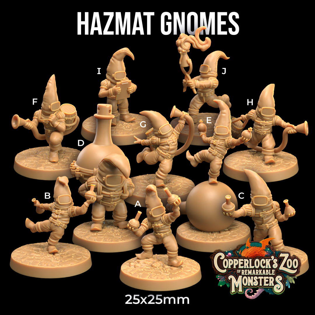 Image shows 3D renders of ten different sculpt options for gaming miniatures of gnomes in hazmat suits