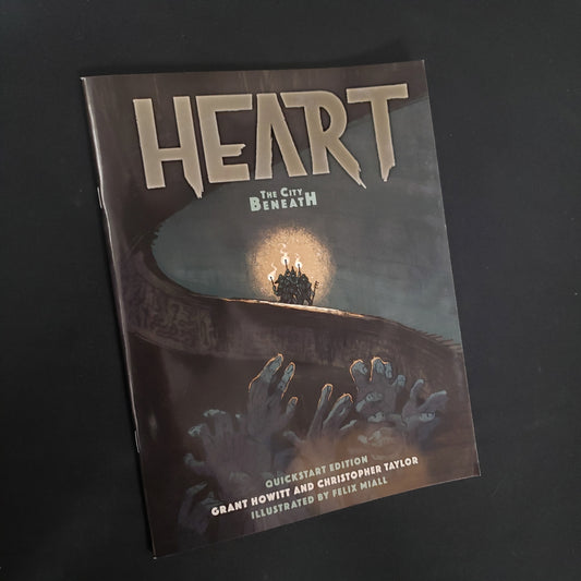 Image shows the front cover of the Quickstart Edition book for the roleplaying game Heart: The City Beneath