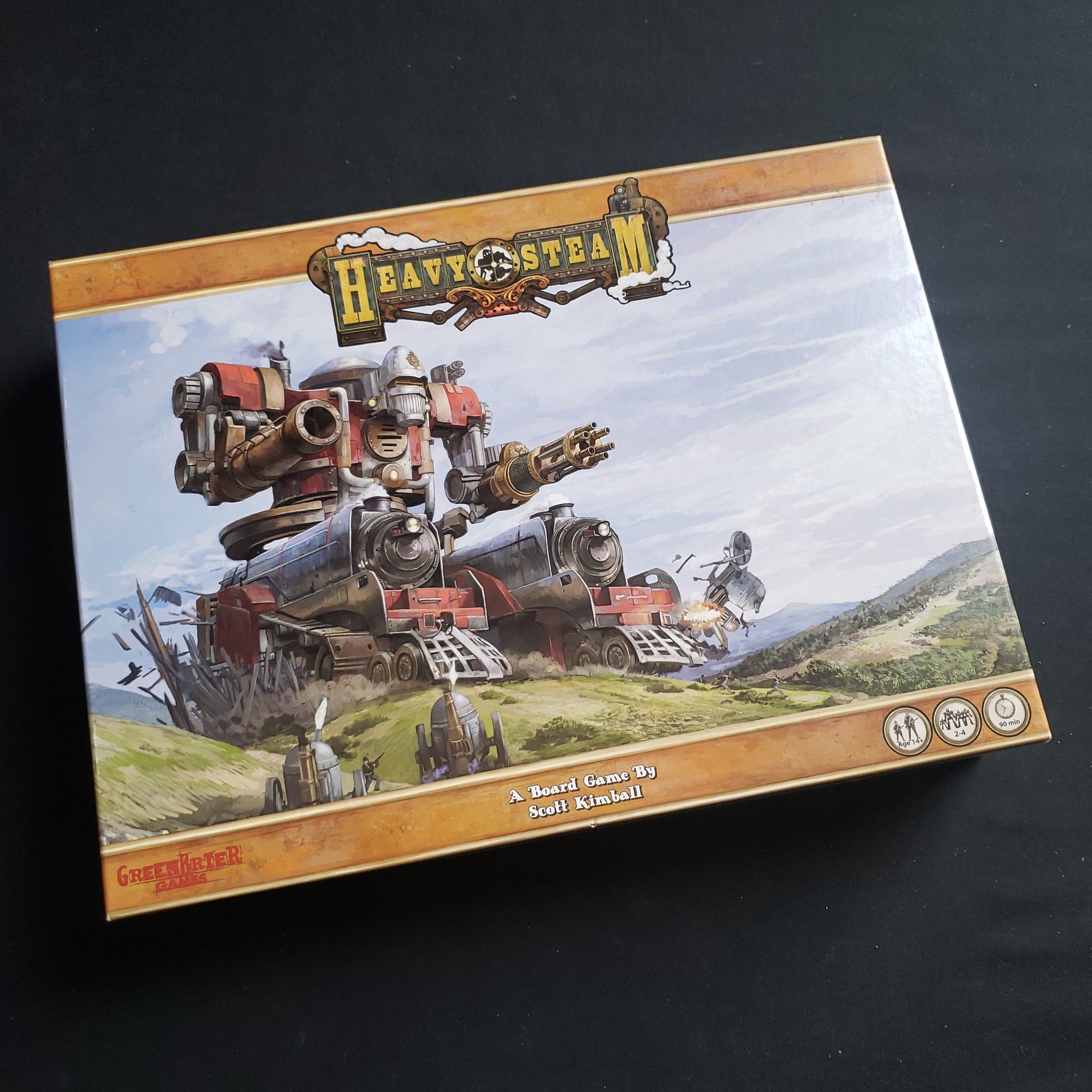 Image shows the front cover of the box of the Heavy Steam board game