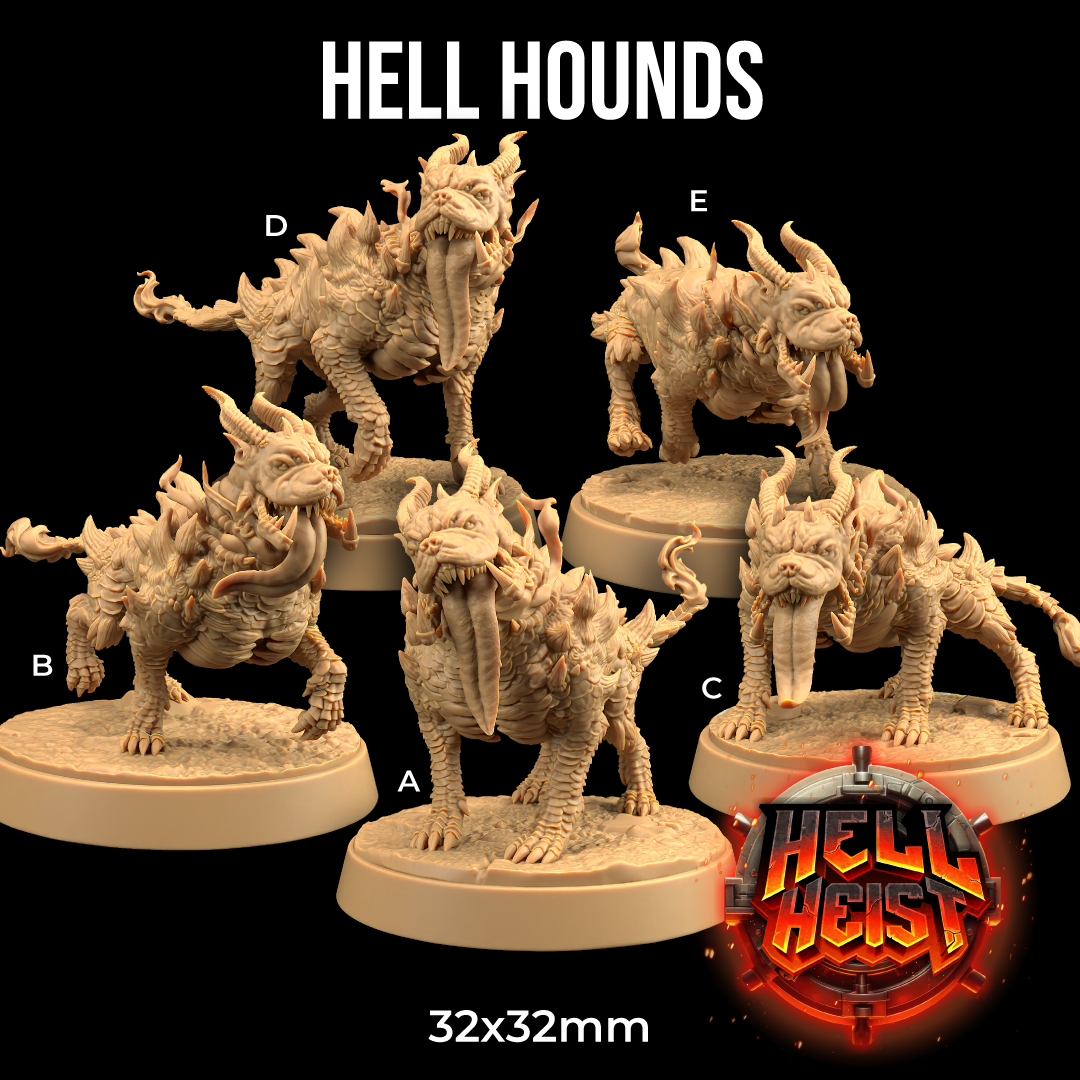 Image shows 3D renders of five different sculpt options for a demonic dog gaming miniature