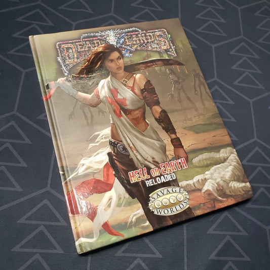 Image shows the front cover of the core rulebook for the roleplaying game Hell on Earth: Reloaded