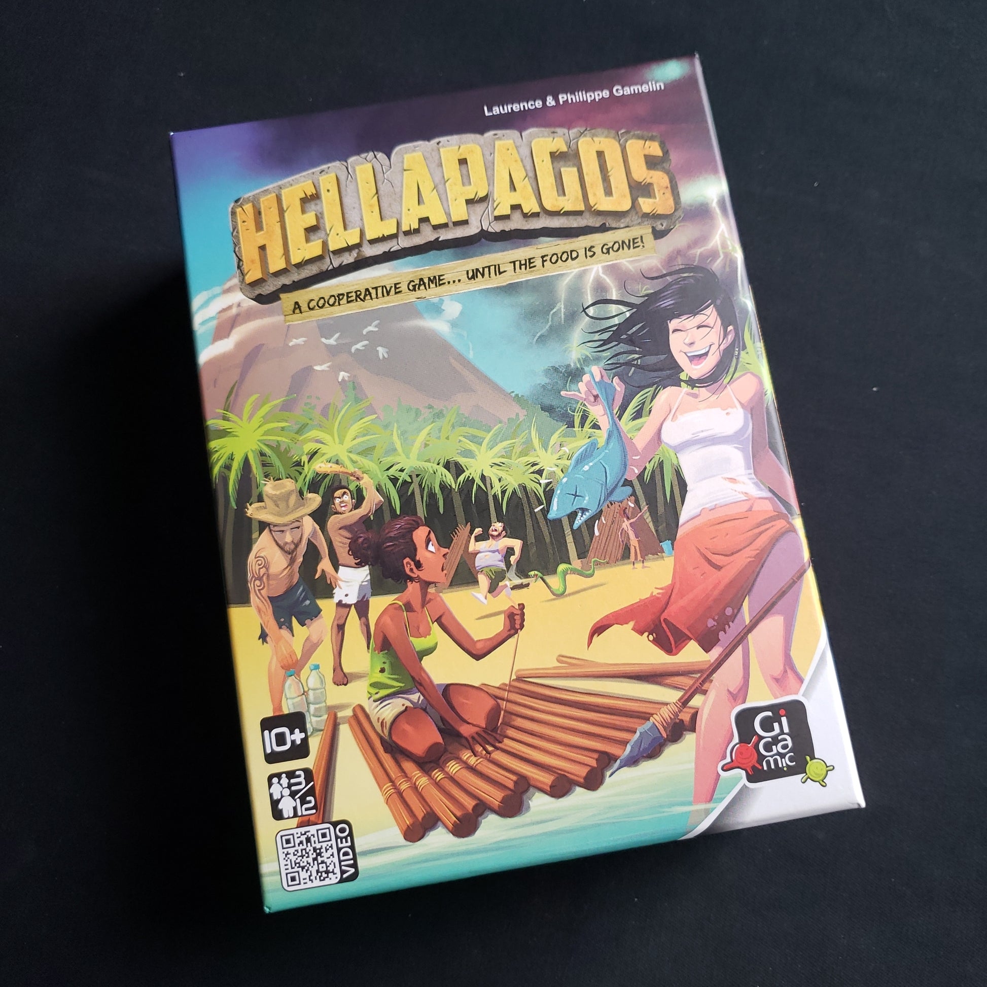 Image shows the front cover of the box of the Hellapagos board game