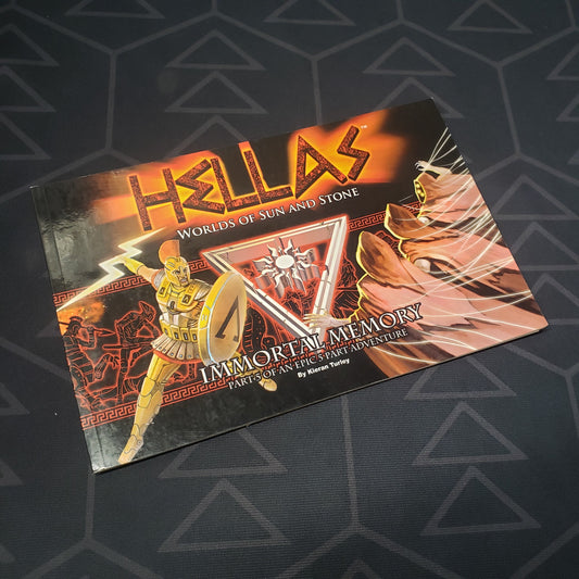 Image shows the front cover of the Immortal Memory book for the roleplaying game HELLAS: Worlds of Sun and Stone