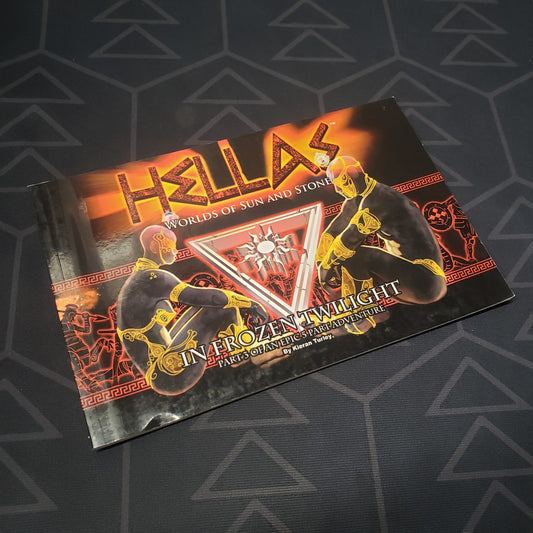 Image shows the front cover of the In Frozen Twilight book for the roleplaying game HELLAS: Worlds of Sun and Stone