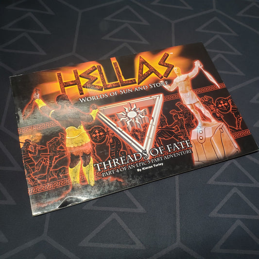 Image shows the front cover of the Threads of Fate book for the roleplaying game HELLAS: Worlds of Sun and Stone