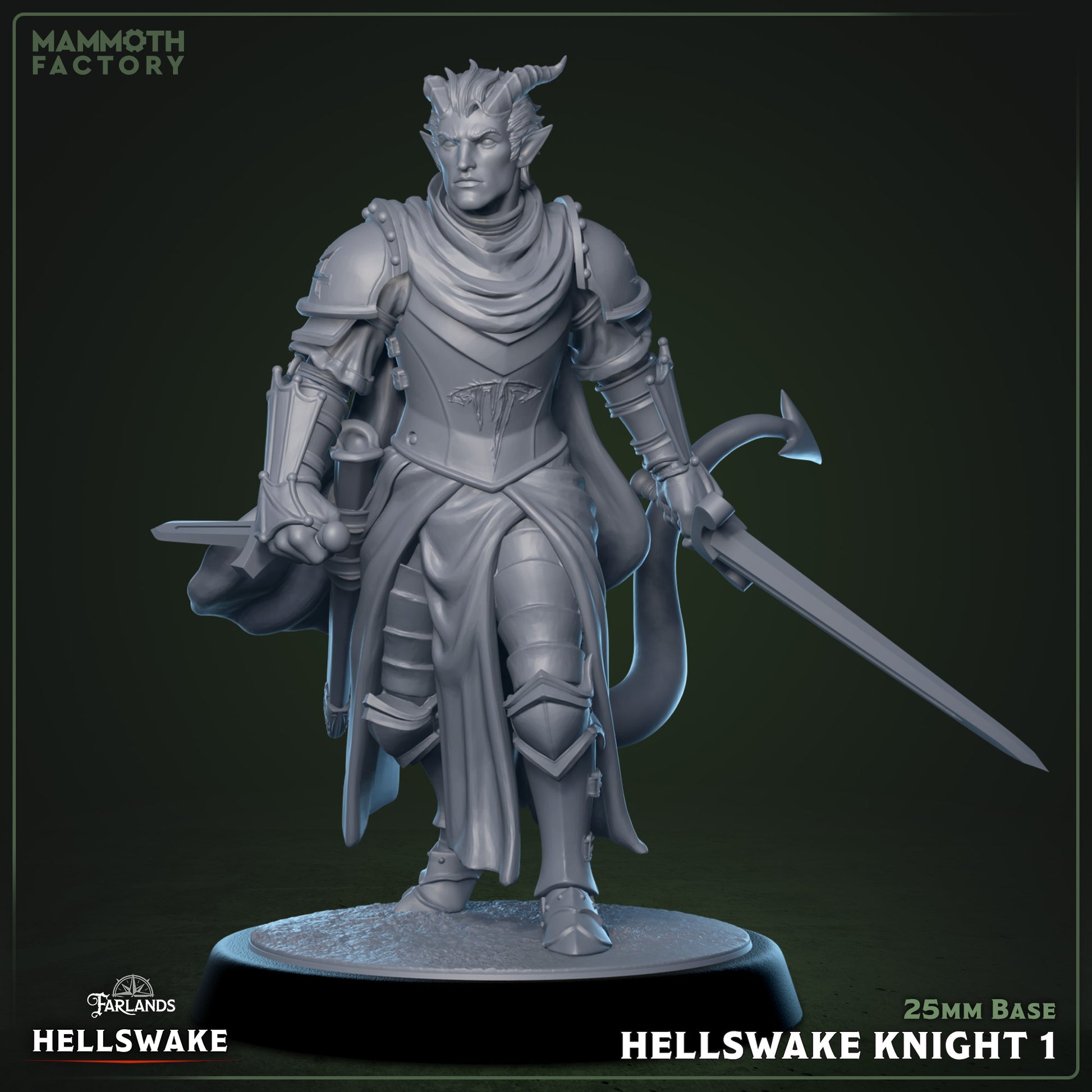 Image shows a 3D render of a tiefling fighter gaming miniature.
