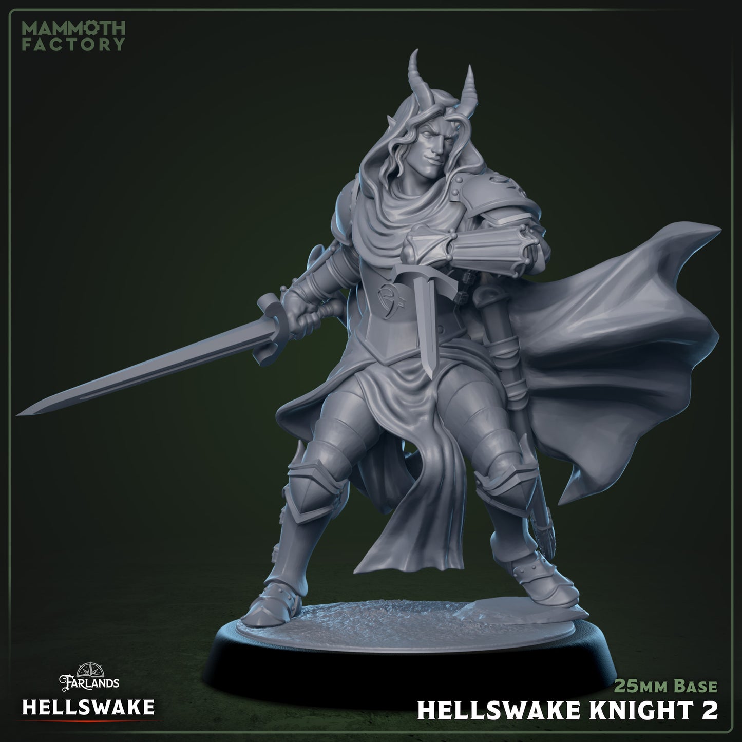 Image shows a 3D render of a tiefling fighter gaming miniature.