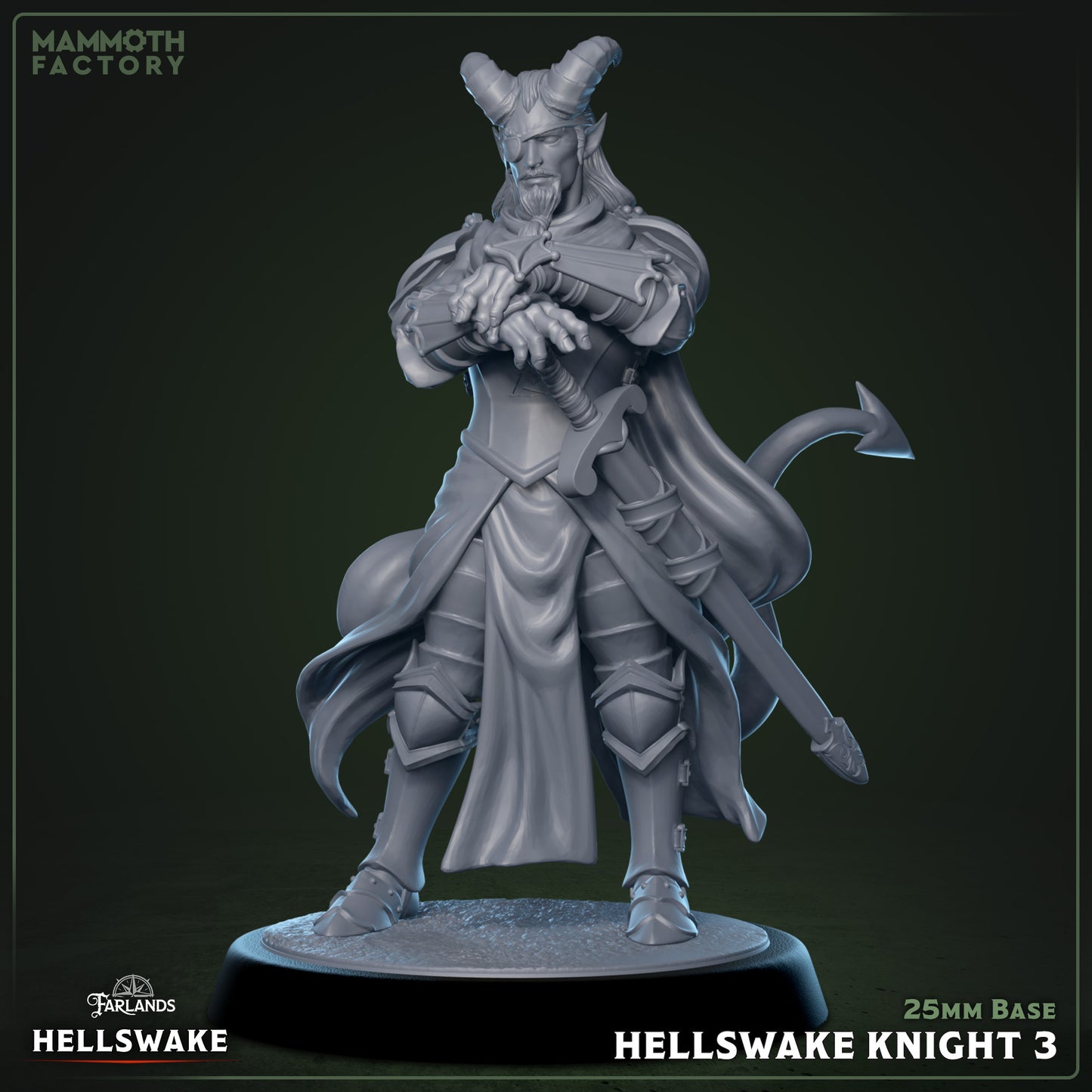 Image shows a 3D render of a tiefling fighter gaming miniature.