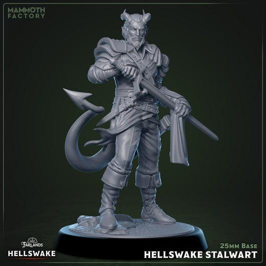 Image shows a 3D render of a tiefling fighter gaming miniature.