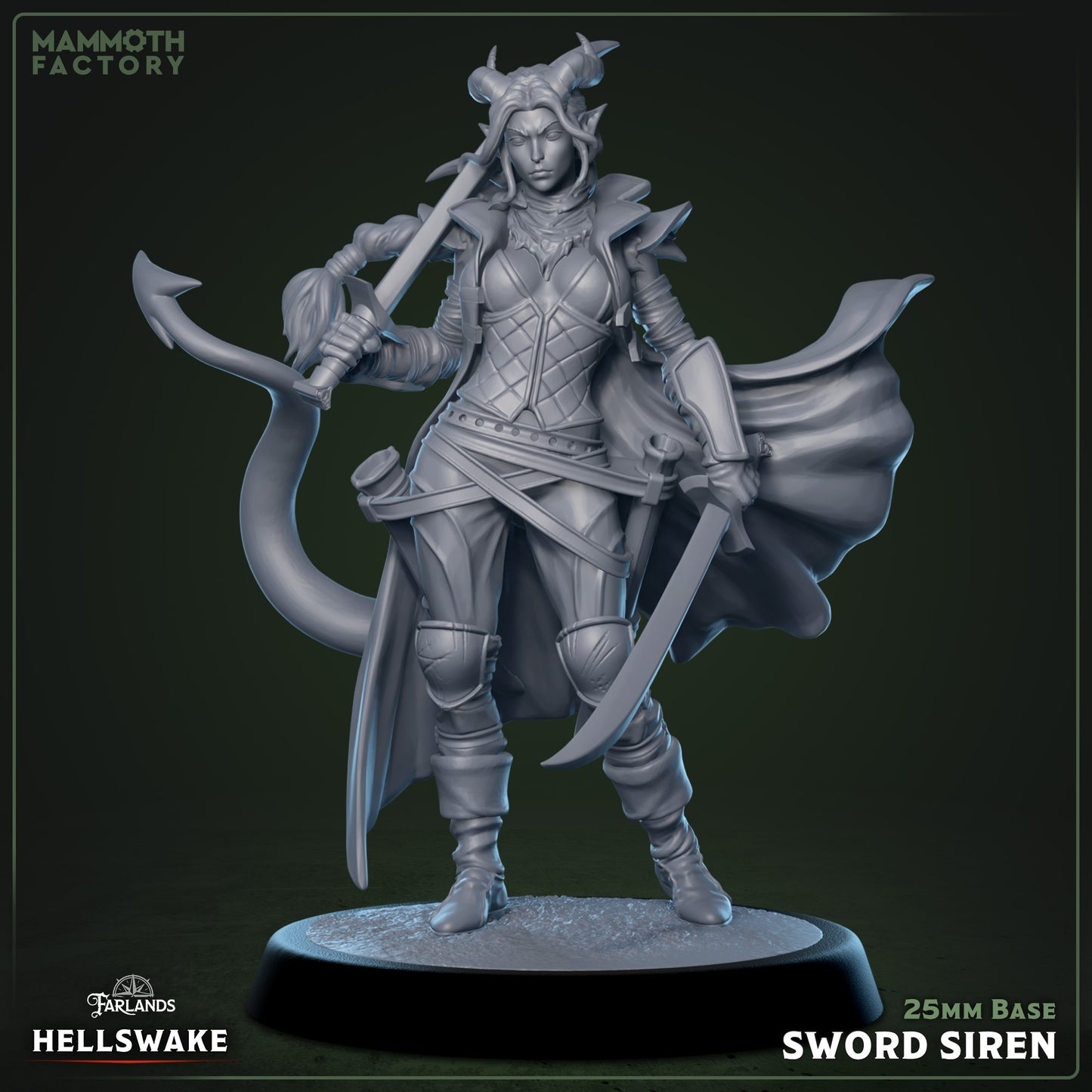 Image shows a 3D render of a tiefling fighter gaming miniature.
