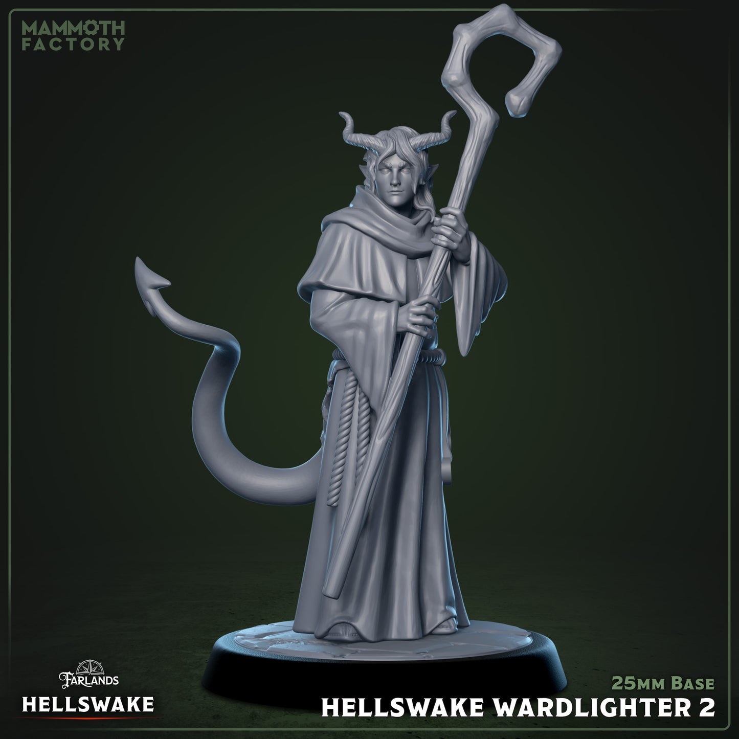 Image shows a 3D render of a tiefling cleric gaming miniature.