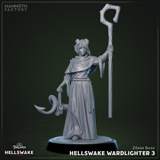 Image shows a 3D render of a tiefling cleric gaming miniature.