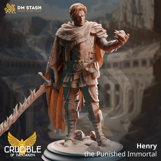 Image shows an 3D render of a cursed human warrior gaming miniature, holding a flaming sword in one hand and flame magic in the other