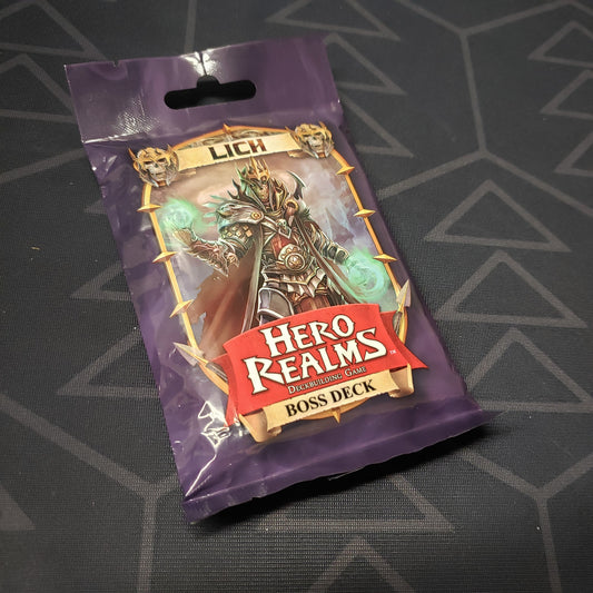 Image shows the front of the package of the Lich Boss Deck expansion for the card game Hero Realms