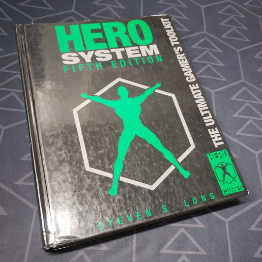 Image shows the front cover of the core rulebook for the roleplaying game Hero System: Fifth Edition