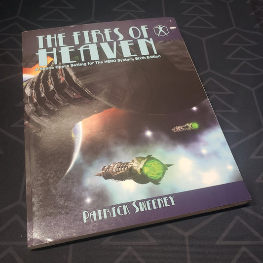 Image shows the front cover of the Fires of Heaven book for the roleplaying game HERO System: Sixth Edition