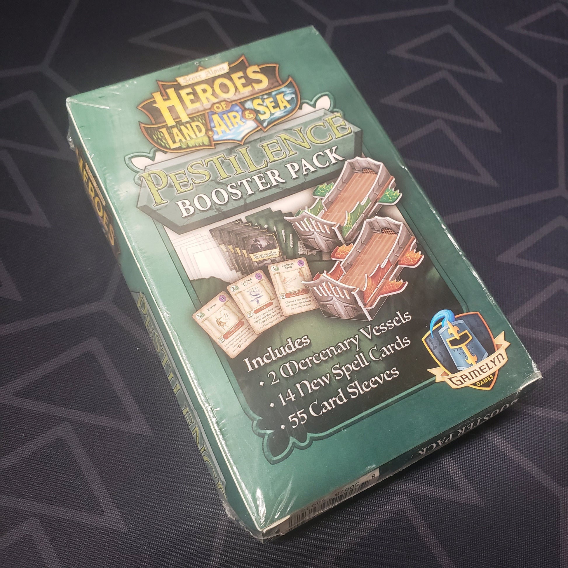 Image shows the front cover of the box of the Pestilence Booster Pack expansion for the board game Heroes of Land, Air & Sea