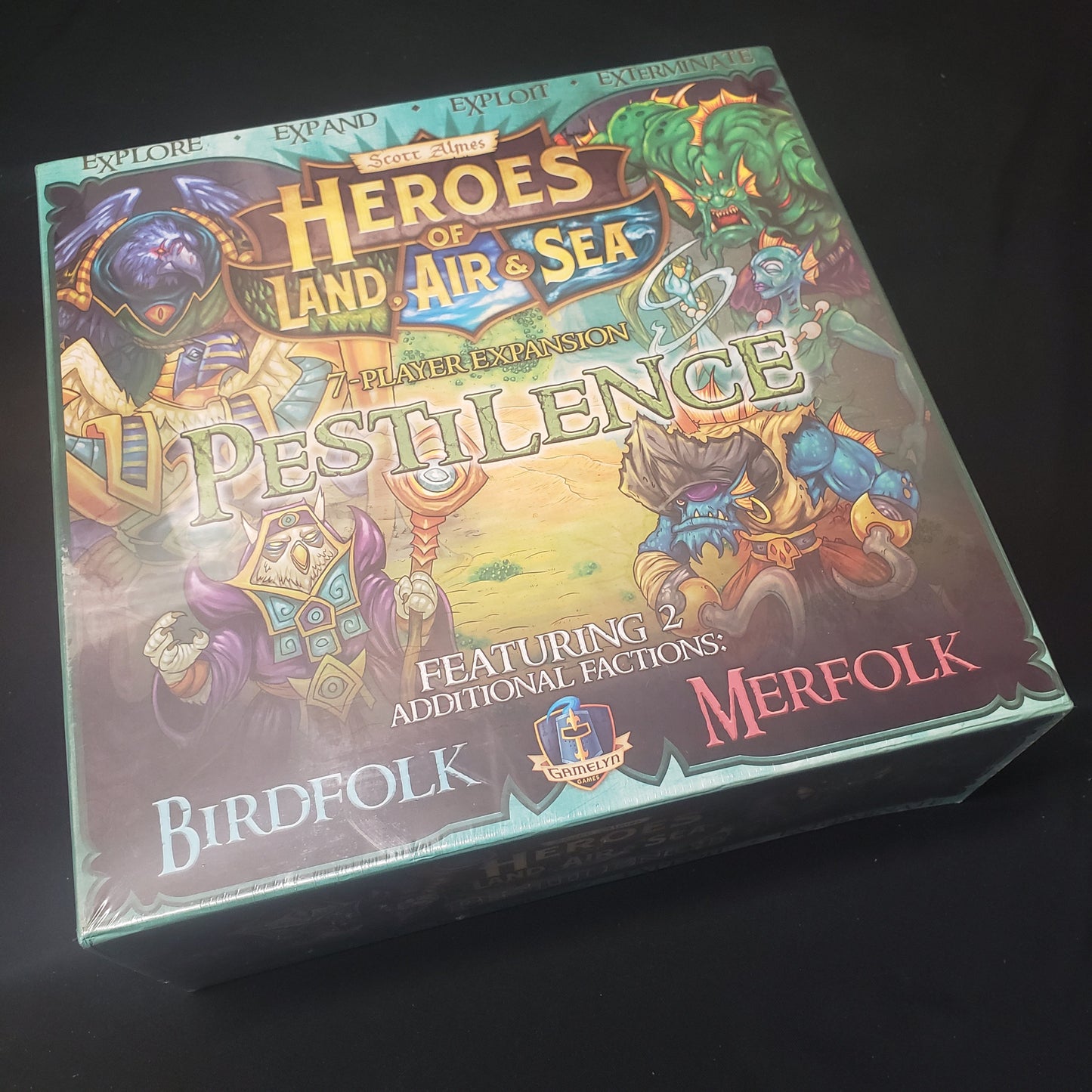 Image shows the front cover of the box of the Pestilence expansion for the board game Heroes of Land, Air & Sea