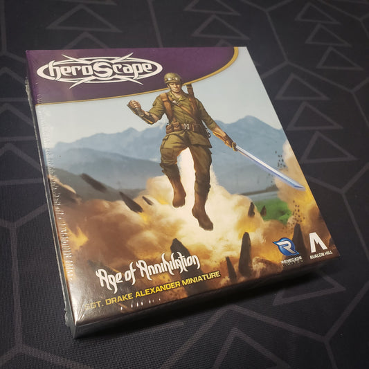 Image shows the front cover of the box of the Age of Annihilation: Sgt. Drake Alexander Miniature pack for the board game Heroscape