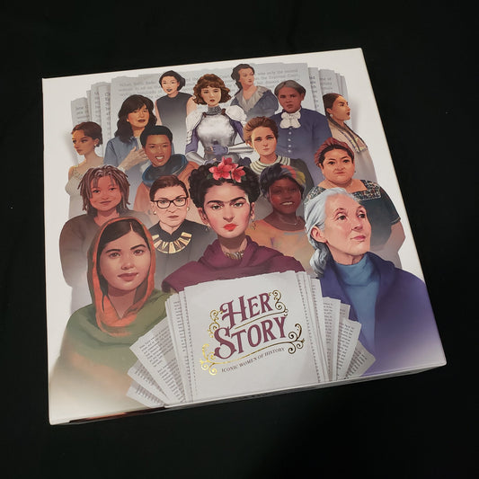 Image shows the front cover of the box of the HerStory board game