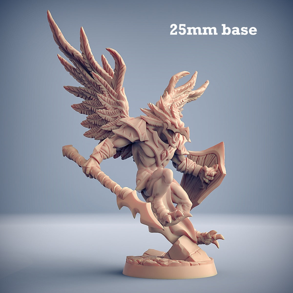 Image shows a 3D render of a aarakocra lancer gaming miniature.