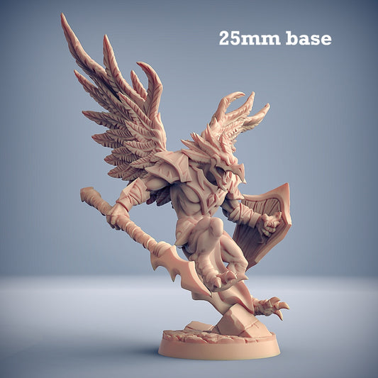 Image shows a 3D render of a aarakocra lancer gaming miniature.