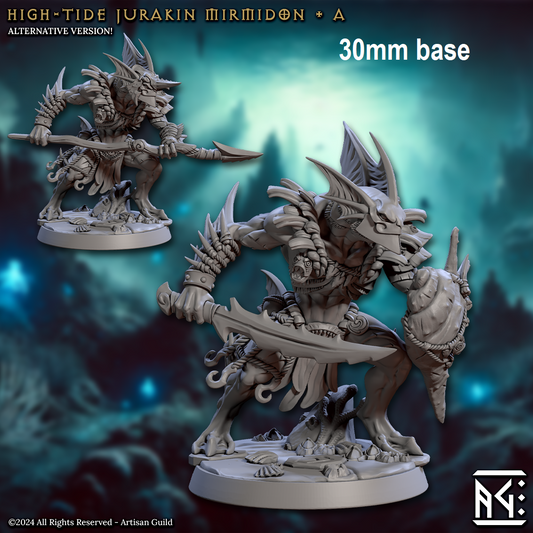 Image shows 3D renders of two different sculpt options for a merfolk warrior gaming miniature