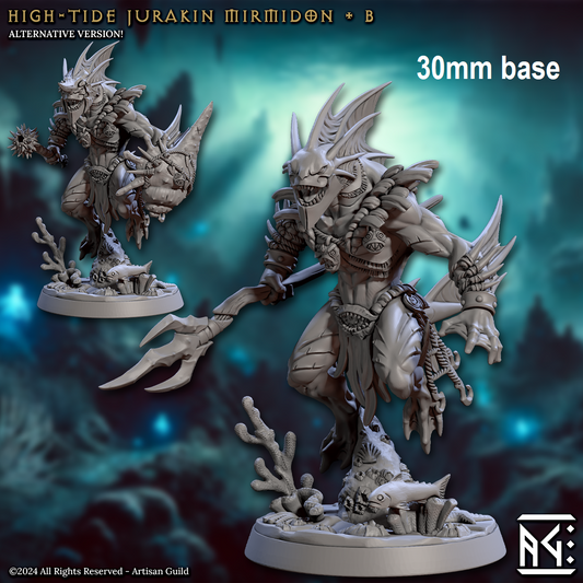 Image shows 3D renders of two different sculpt options for a merfolk warrior gaming miniature