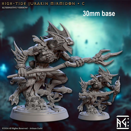 Image shows 3D renders of two different sculpt options for a merfolk warrior gaming miniature