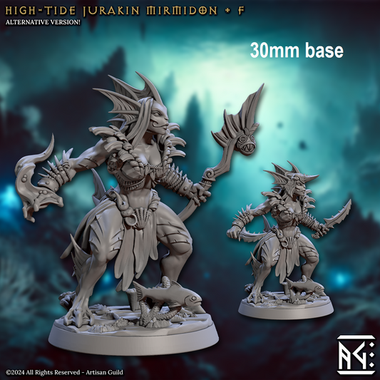 Image shows 3D renders of two different sculpt options for a merfolk warrior gaming miniature